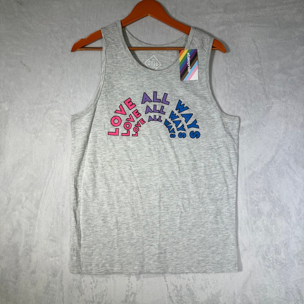 NWT Well Worn Mens Medium Shirt Gray Love All Ways Pride Tank Top Heather Grey
